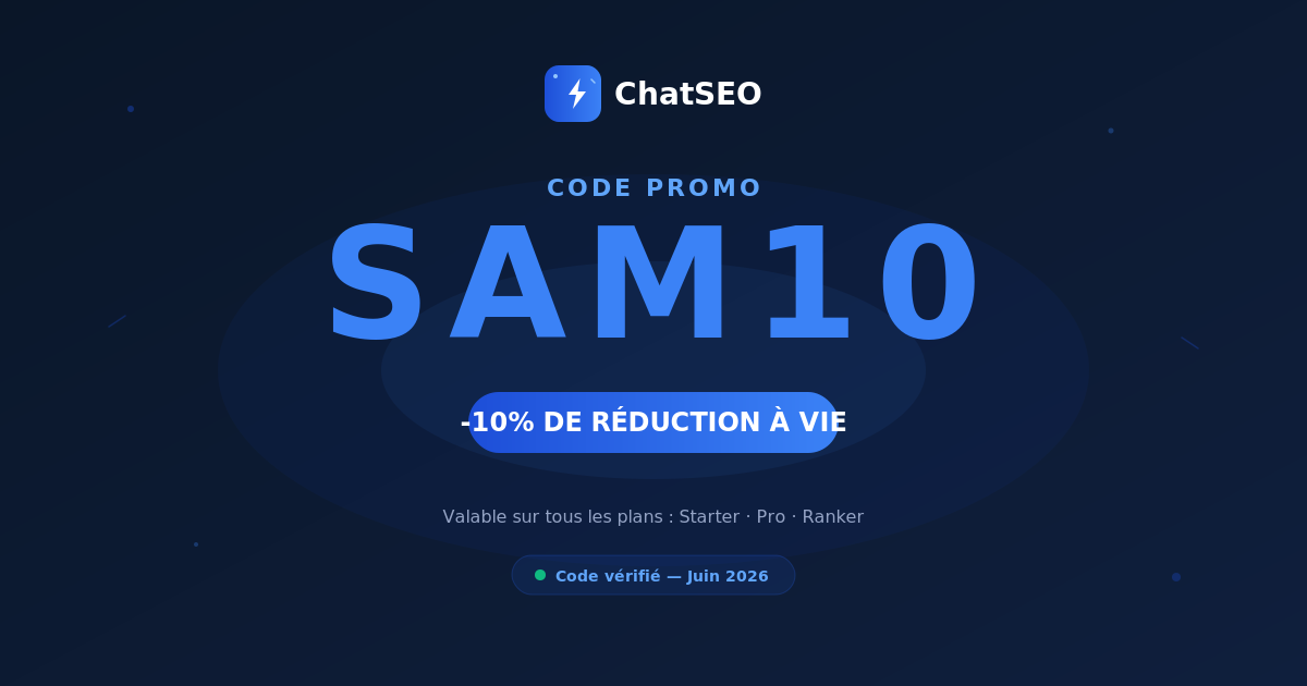 Code promo ChatSEO SAM10 -10% de réduction à vie sur tous les plans Starter Pro et Ranker